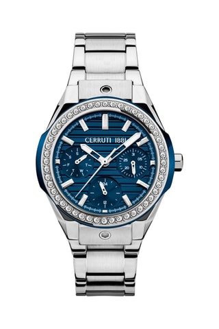 Stalen Quartz Horloge met Swarovski Kristallen Ruscello - Zilverkleurig en Marineblauw