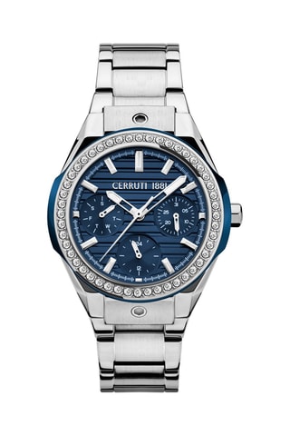 Stalen Quartz Horloge met Swarovski Kristallen Ruscello - Zilverkleurig en Marineblauw