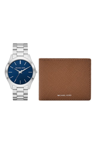 Set Stalen Quartz Horloge en Leren Pasjeshouder