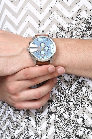 Leren Quartz Horloge- Chronograaf - Bruin en Blauw