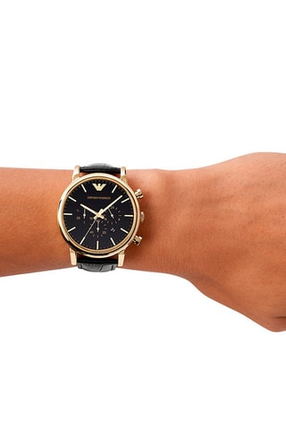 Leren Quartz Horloge- Chronograaf - Zwart en Goudkleurig