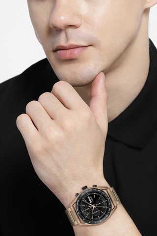 Stalen Doublé Ion Geelgoud Quartz Horloge - Chronograaf en Tachymeter - Goudkleurig en Zwart