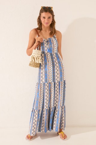 Robe longue - Ecru et bleu cobalt