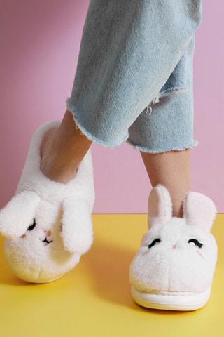 Zapatillas de casa de conejo con orejas que se mueven Kawaii - Blanco y rosa