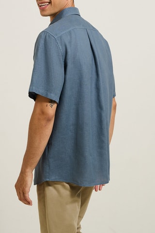 Camisa corta regular fit de lino - Azul