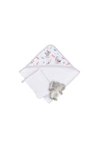 Cofanetto mantellina da bagno, guanto e peluche doudou Birds Explorer - 3 pezzi - 75 x 75 cm - Bianco e rosa