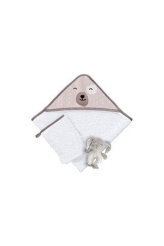 Cofanetto mantellina da bagno, guanto e peluche doudou Smiling Bear - 3 pezzi - 75 x 75 cm - Beige