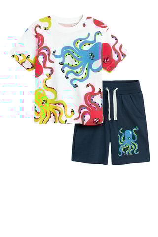 T-shirt e calções - Branco e azul-marinho