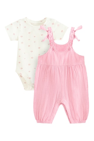 Body e jardineiras - Rosa e branco