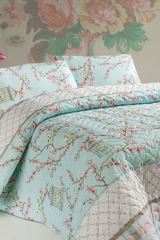 Conjunto colcha em algodão 48 fios/cm² Birdcage - Turquesa