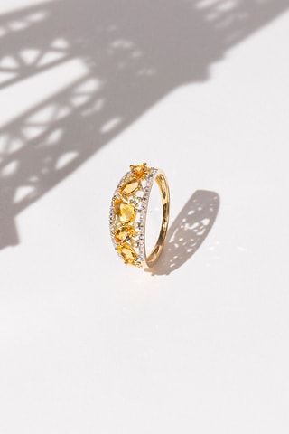 Anel Olivines - Ouro amarelo, diamantes, peridotos e quartzos citrinos