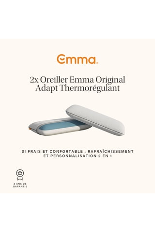 Ensemble matelas Emma Original + 2 oreillers Emma Original Adapt Thermorégulant + lit Emma One Cocoon Plus avec tête de lit + protège-matelas Imperméable Emma + couette 4 Saisons Emma