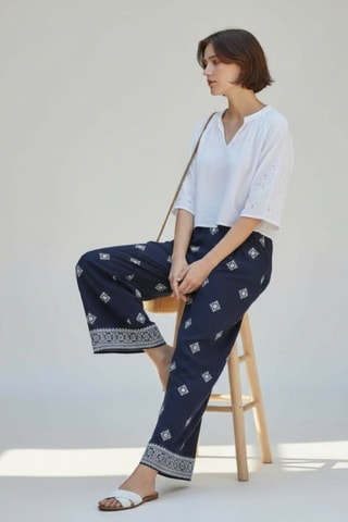 Pantalon large en lin - Bleu marine