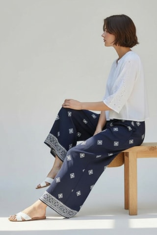 Pantalon large en lin - Bleu marine
