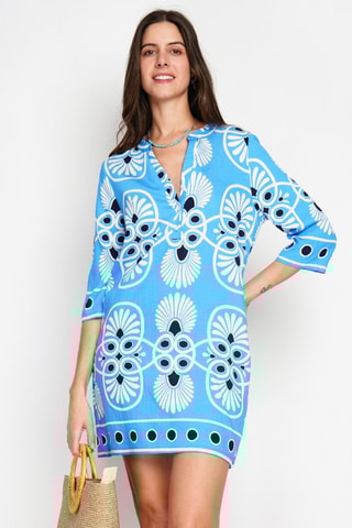 Robe midi en lin - Blanc, noir et bleu