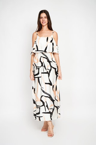 Robe longue en lin - Orange, blanc et noir