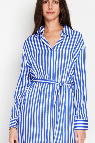 Robe chemise en lin et soie - Blanc et bleu