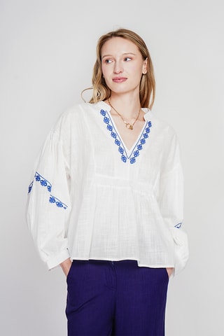 Blouse en lin - Ciel - Blanc