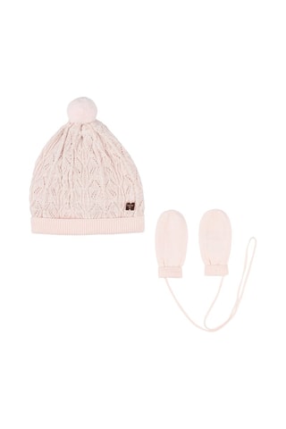 Bonnet à pompon et moufles avec lien en coton biologique et laine - Ecru - Carrément Beau