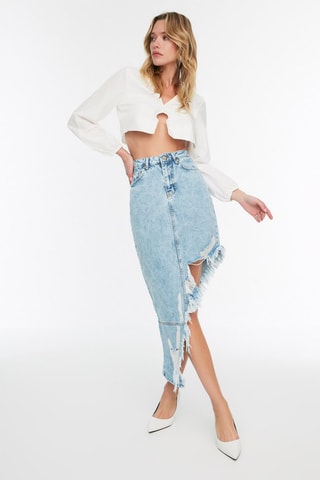 Gonna asimmetrica in jeans a vita alta - Blu