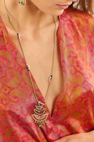 Lange Ketting Verguld met Geelgoud Lupita - Granaten, Amber en Malachieten