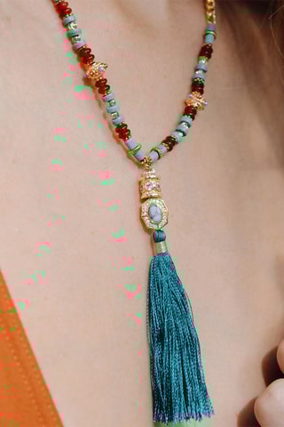 Lange Ketting Verguld met Geelgoud Caliko - Agaten, Turkooizen en Zijde