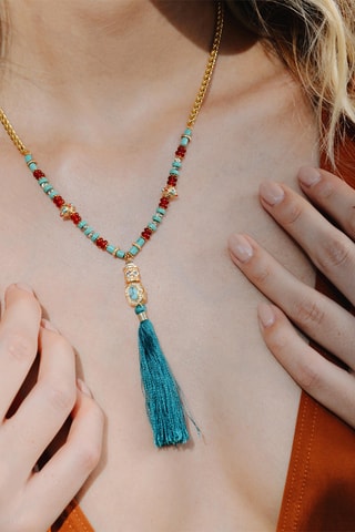 Lange Ketting Verguld met Geelgoud Caliko - Agaten, Turkooizen en Zijde