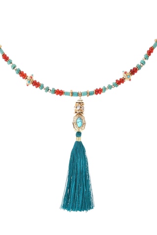 Lange Ketting Verguld met Geelgoud Caliko - Agaten, Turkooizen en Zijde