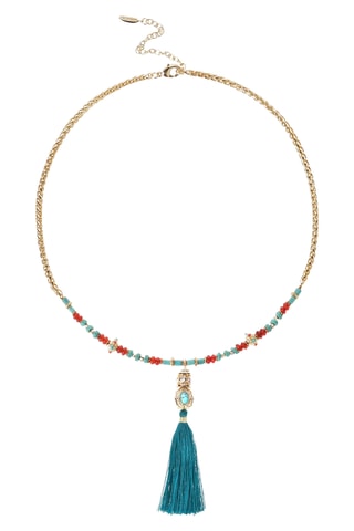 Lange Ketting Verguld met Geelgoud Caliko - Agaten, Turkooizen en Zijde