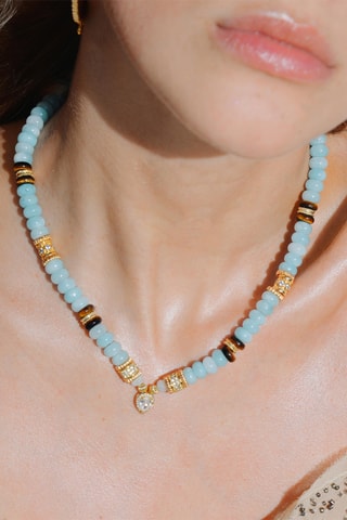 Ketting Verguld met Geelgoud Saida - Amazonieten, tijgerogen en zirkonia's