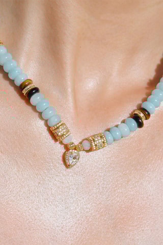 Ketting Verguld met Geelgoud Saida - Amazonieten, tijgerogen en zirkonia's