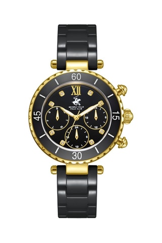 Montre à quartz en plaqué ion or jaune et plaqué ion noir - Tachymètre et chronographe