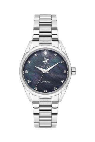 Montre à quartz en métal, plaqué ion argent, diamant et céramique