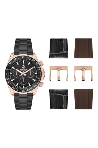 Montre à quartz et bracelets en cuir et silicone - Noir et marron