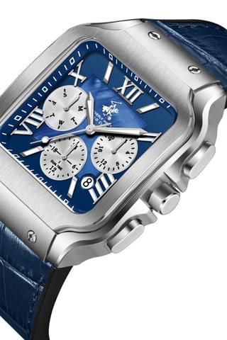 Montre en cuir - Chronographe - Bleu et argenté
