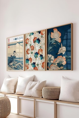 3 tableaux « Pivoines et Canari » Katsushika Hokusai - 50 x 70 cm
