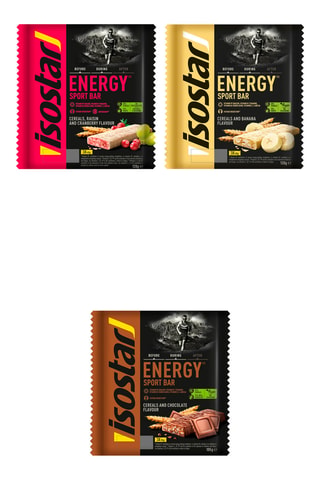 3 x Barres énergétiques Energy banane - 120 g, 3 x Barres énergétiques Energy raisin et canneberge - 120 g et 3 x Barres Energy Céréales et chocolat - 105 g