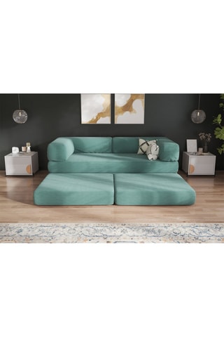 Canapé convertible avec pouf Smart - Vert d'eau - 2 places - En tissu velours