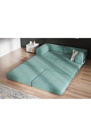 Canapé convertible avec pouf Smart - Vert d'eau - 2 places - En tissu velours