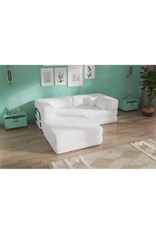 Canapé convertible avec pouf Smart - Blanc - 2 places - En tissu velours côtelé