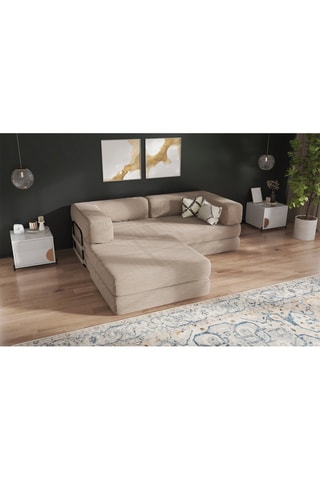 Canapé convertible avec pouf Smart - Beige - 2 places - En tissu velours côtelé