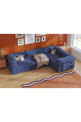 Canapé d'angle droit convertible Smart - Bleu marine - 4 places - En tissu velours