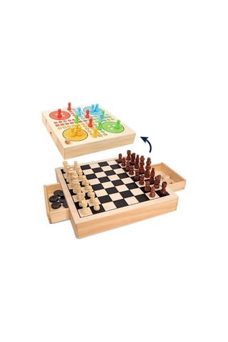 Jeux 3-en-1 échecs, dames et petits chevaux - Dès 6 ans