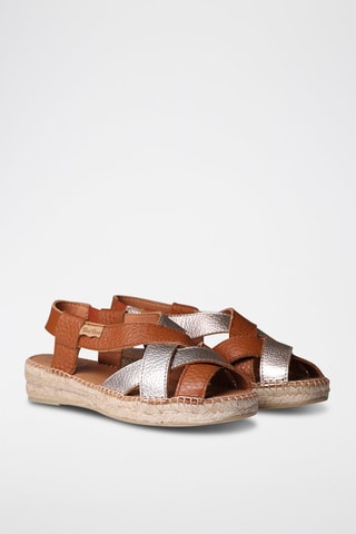 Sandálias com cunha em couro Elia-Bg - Camel e prateado - Castanho e prateado