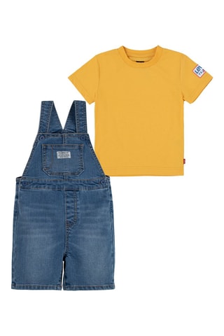 T-shirt et salopette-short en jean - Blanc, rouge, bleu et jaune