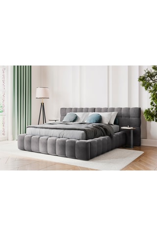 Lit-coffre avec tête de lit Bali - Gris - Toucher velours