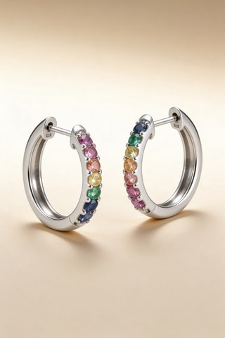 Créoles Colorful Love - Or blanc, émeraudes, rhodonites et saphirs 