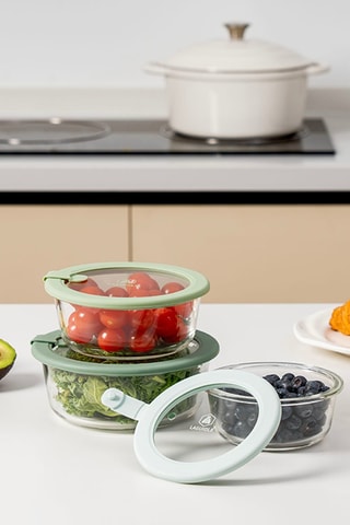 3 contenitori salvafreschezza in vetro borosilicato con coperchio - 400/650/950 ml