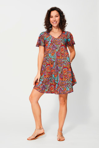 Trapezium Jurk Bruin - Blauw, bruin en oranje