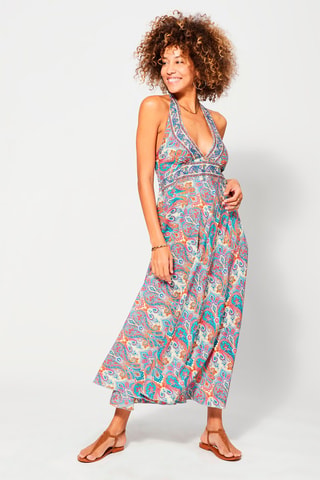 Robe longue Crème et bleu - Beige